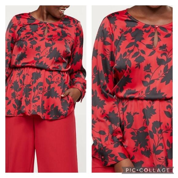 Lane Bryant Floral Satin Blouse Red Black Plus Size 20 - Picture 1 of 8